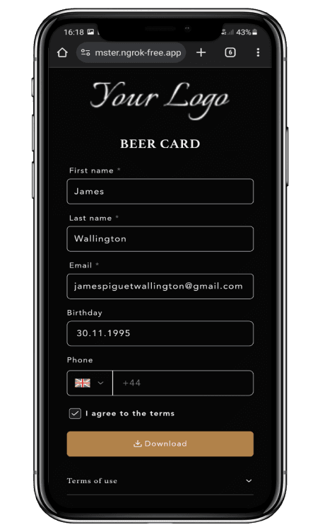 Screenshot of Regulars mobile card page form where customers enter their information to download loyalty cards