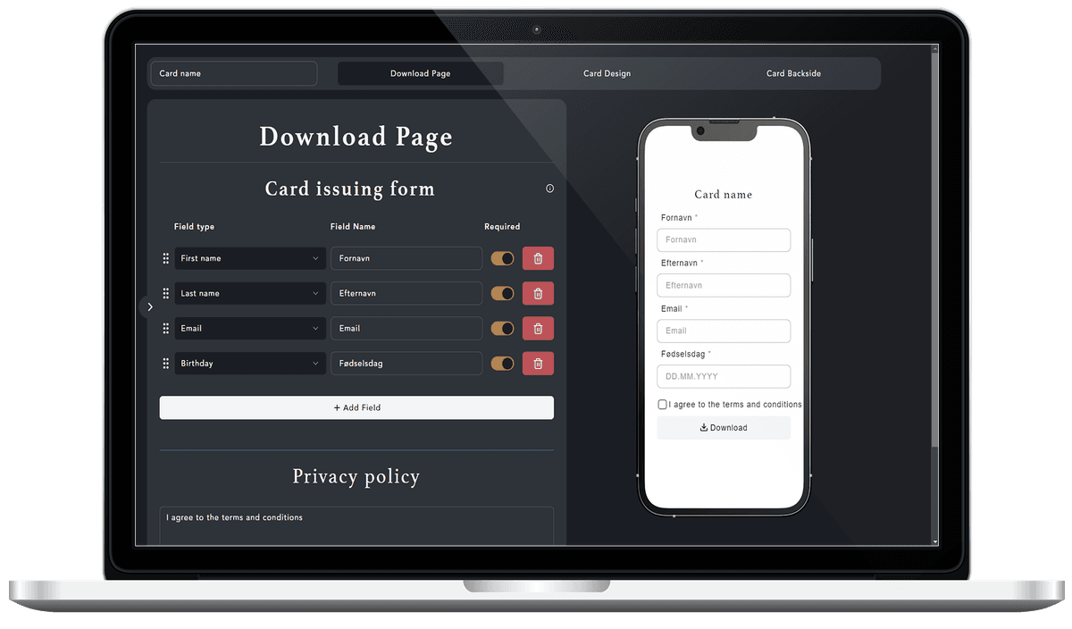 Screenshot of Regulars card creator interface showing the customizable loyalty card download page preview