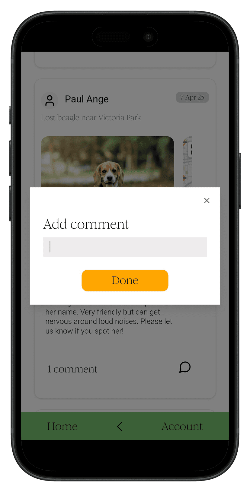 Screenshot of Find My Dog comment section with text input field for users to add comments to posts