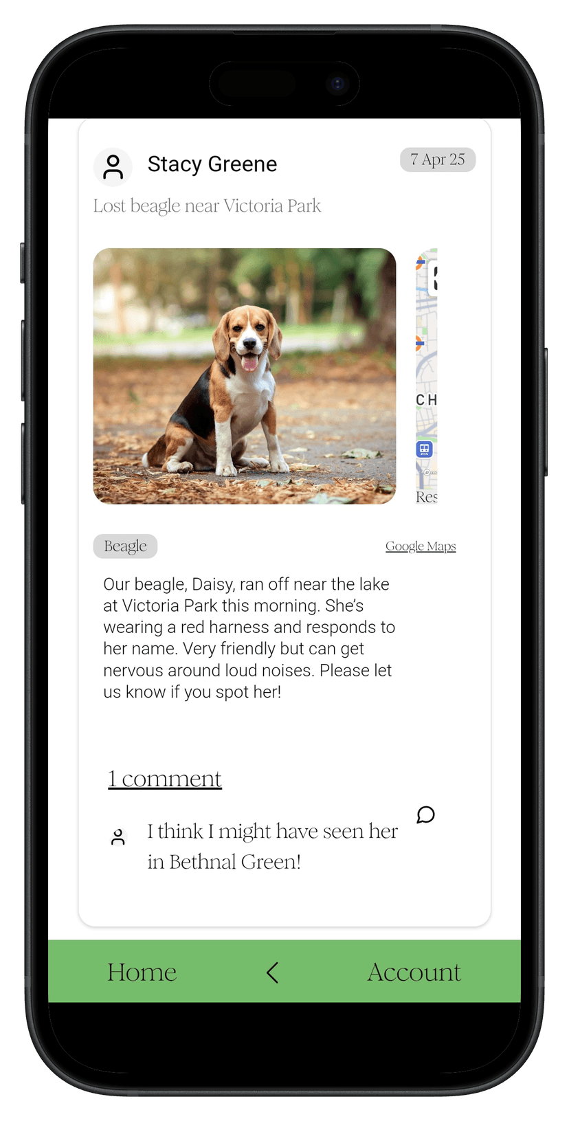 Screenshot of Find My Dog individual post view showing dog details, user comments, and map location button